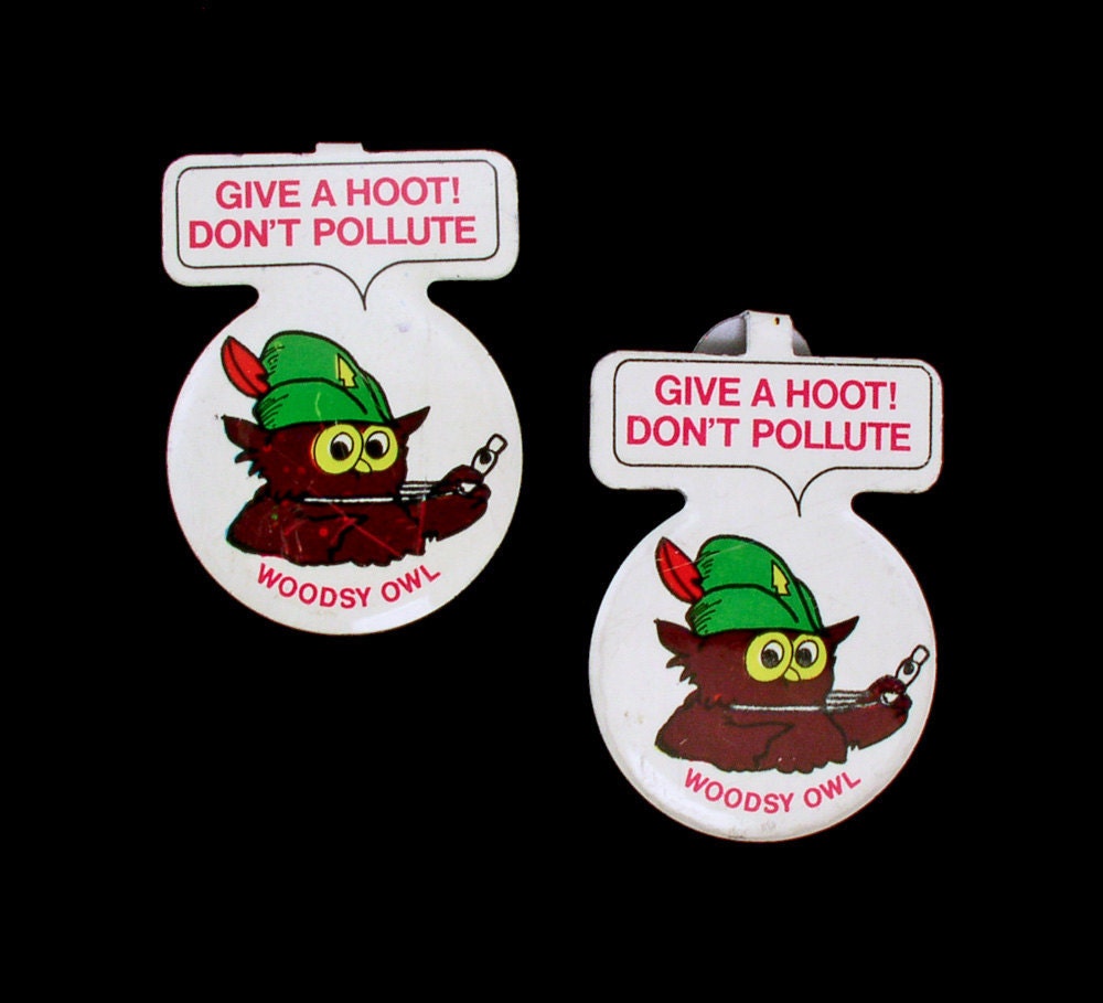 WOODSY OWL - Give a Hoot Don't Pollute Vintage Metal Pins Green Duck Company