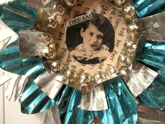 Tart Tin ornament upcycled vintage handmade altered art Folk art Aqua Dream Girl Star Snowflake Flower
