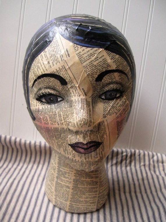 Mannequin Head mixed media Collage and handpainted French to English dictionary text Altered art Folk art