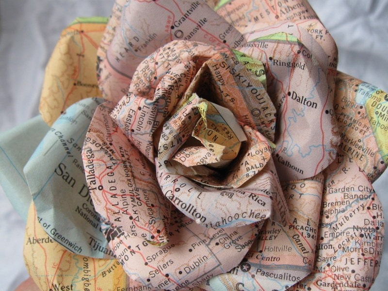 Handmade Paper Rose Vintage Map paper Sherbet shades San Diego Talladega for pin or clip