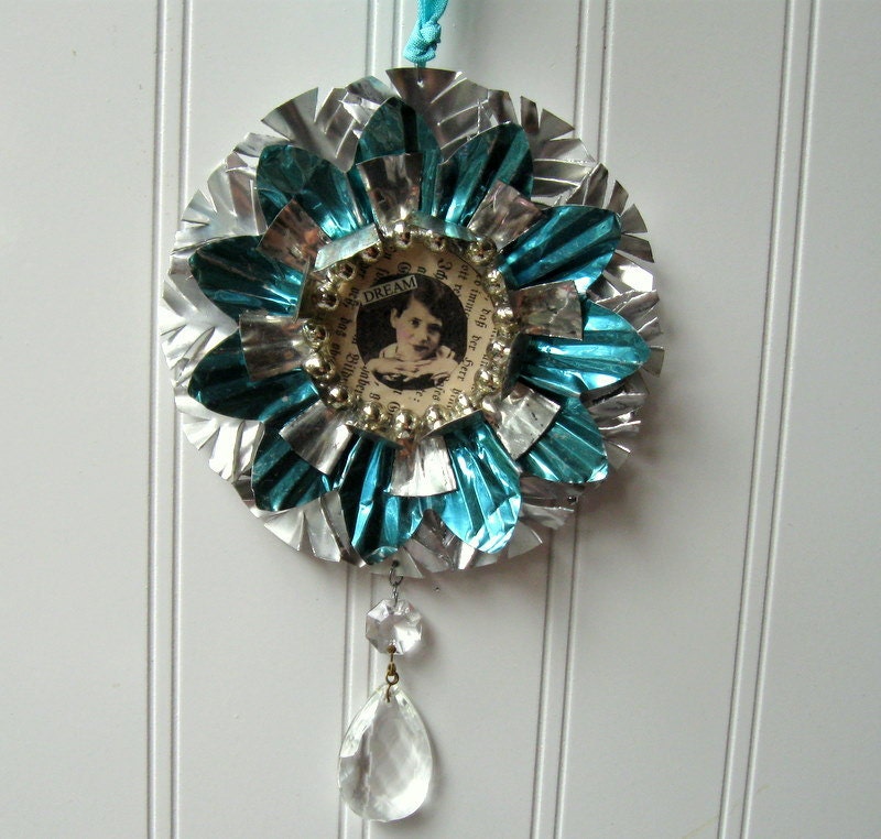 Tart Tin ornament upcycled vintage handmade altered art Folk art Aqua Dream Girl Star Snowflake Flower