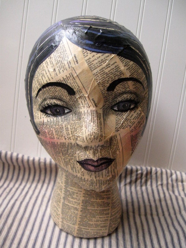 Mannequin Head mixed media Collage and handpainted French to English dictionary text Altered art Folk art