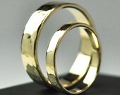 Wedding Ring Set, 14K Yellow Gold, 3mm and 5mm Wide Rings, Hammered Texture, Polished Finish