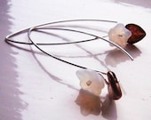 White glass flower with golden leaves earrings light fishbone shape unique artisan minimalist earpiece