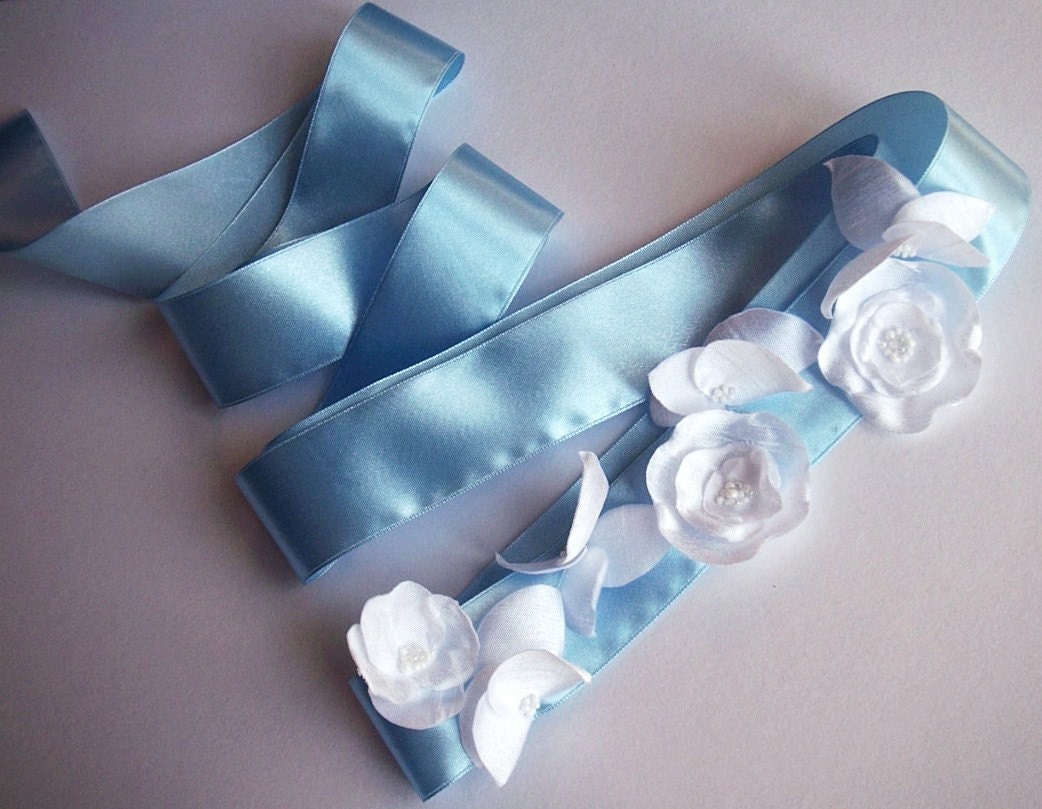 50% SALE - Something blue sash belt . taffeta flowers and butterfly . handmade and one of a kind