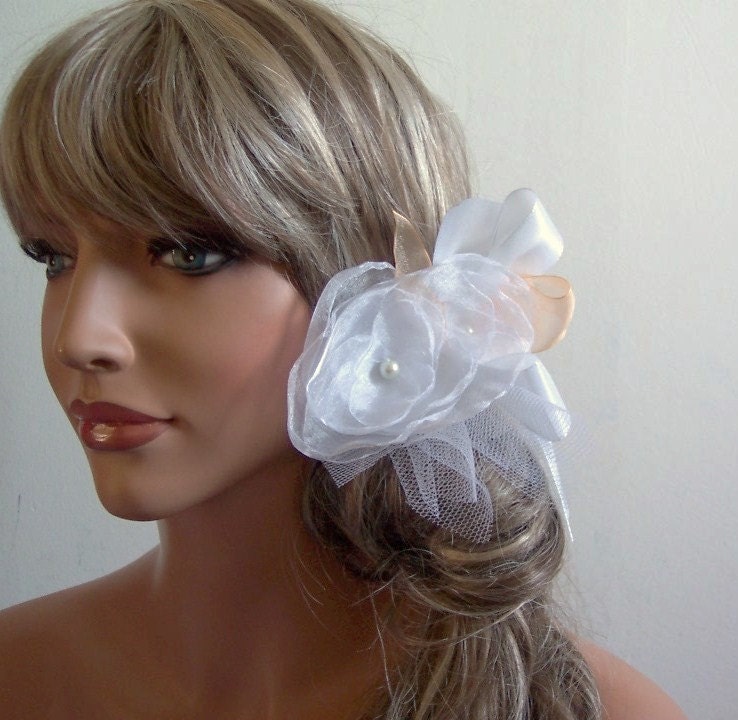 Bridal head piece . organza flowers and tulle fascinator . one of a kind fiber art