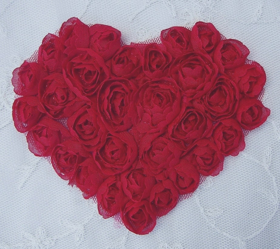 Handmade Red Ribbon Rose Bud Flower Floral Heart Applique yoke