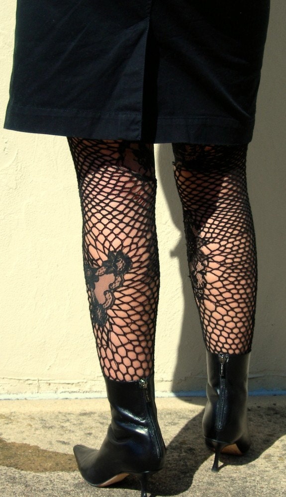 SALE Fishnet Stockings - Hand Crocheted with Lace Inserts