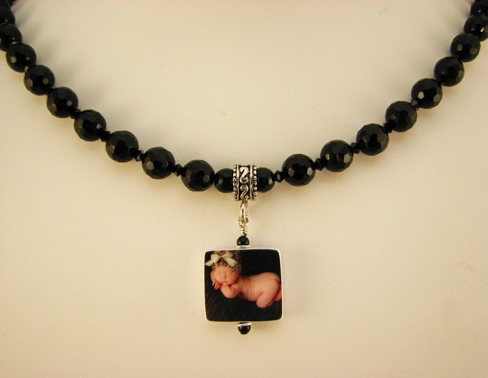 Faceted Black Onyx Set - Necklace with Photo Charm, Bracelet and Earrings