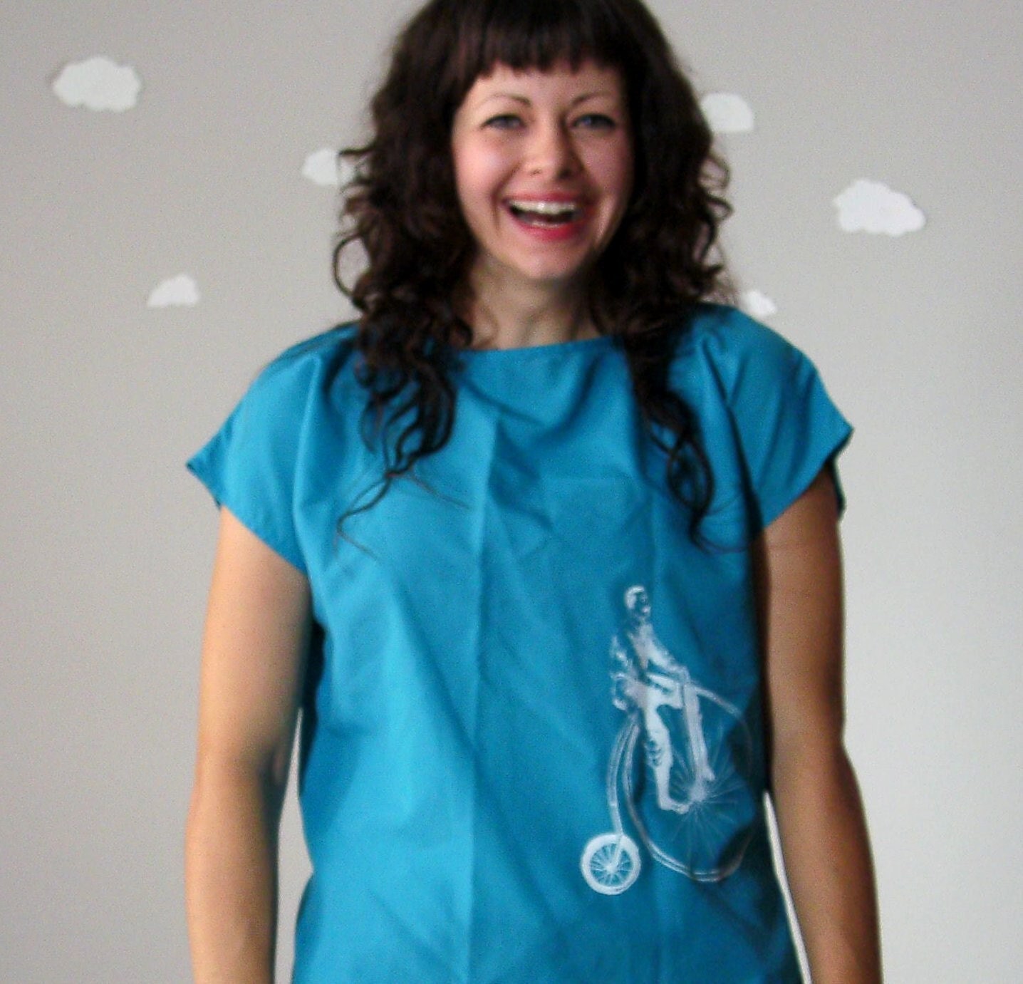 Screenprinted vintage blouse steampunk bicyclist upcycled medium CATCH THE WIND