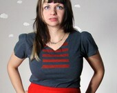 Custom handmade gray romance t shirt top v-neck puff sleeves hand printed made to order RED STRIPE