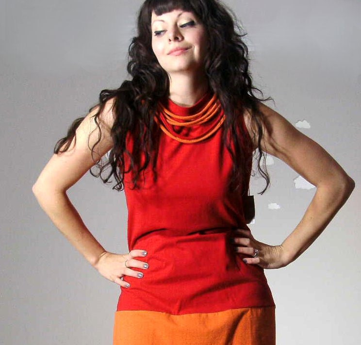 Upcycled dress color block red orange embellished large NIGHT SHIFT