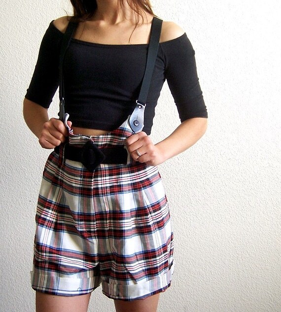 SUSPENDERS PLAID High Waist Vintage 80's Shorts by LolaVintage
