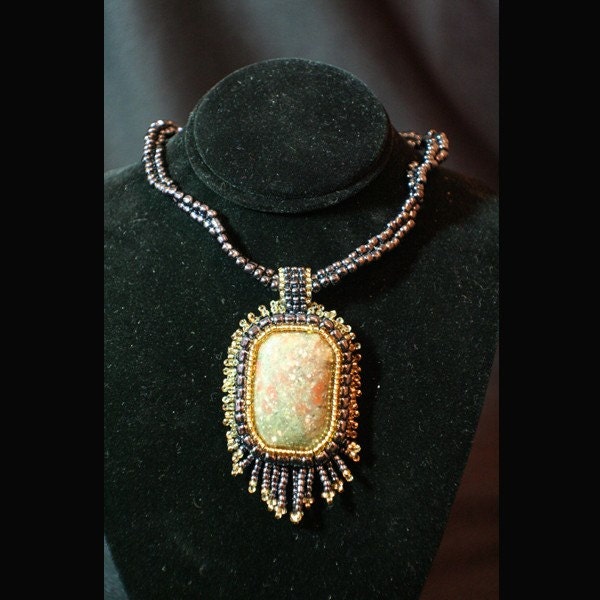 Unakite Embroidered Pendant