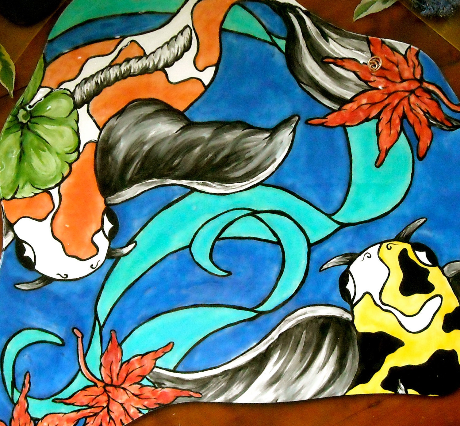 Koi Pond Wall Hanging - Original Painting on Decorative Pottery Tile - Original Hand Painted Ceramic Plaque - Asian Clay Art Decor