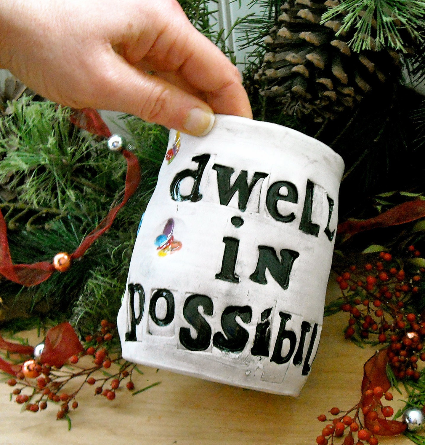 Coffee Mug - Dwell In Possibility - HandMade Letterpress Stamped Words & Flowers Rustic Ceramic Tea Cup - Emily Dickinson Poetry Quote