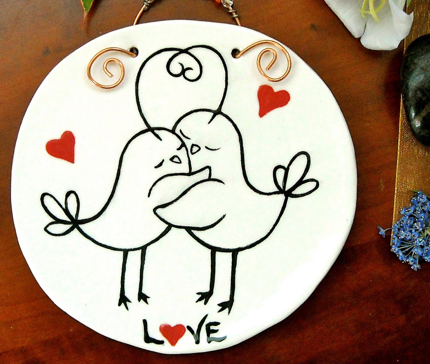 Love Birds Tile Wall Hanging - HandMade Painted Original Ceramic Hugging LoveBirds Plaque - Wedding, Engagement, Anniversary, Just Because
