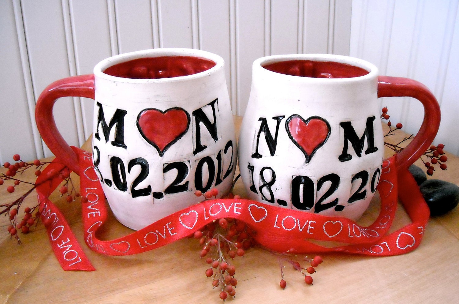 Personalized ALL You Need Is Love Mugs - Wedding Bride & Groom 2 Cup Set Table Settings - HandMade TO ORDER Custom Rustic Coffee Cups