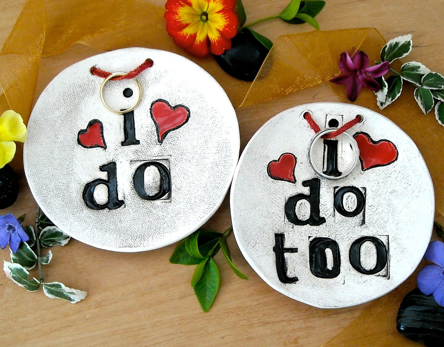 Wedding Ring Bowls - I DO. I Do TOO. Set - Pair of Commitment Ceremony Ring Bearer Ceramic Pillows - Rustic Stamped Pottery Jewelry Holder