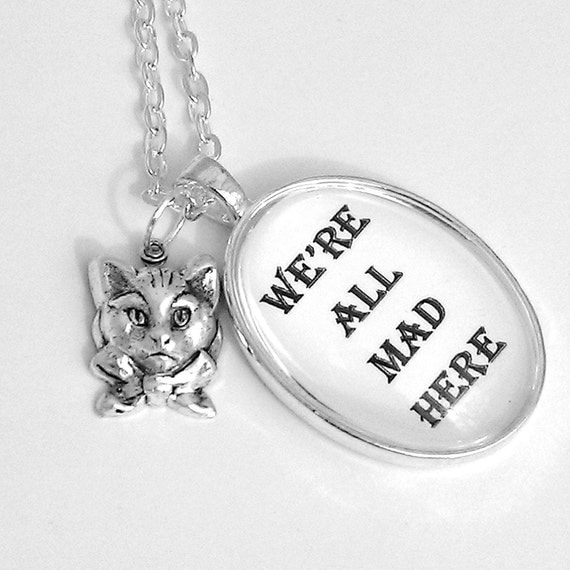 Cheshire Cat Alice In Wonderland Silver Pendant Necklace We're All Mad Here