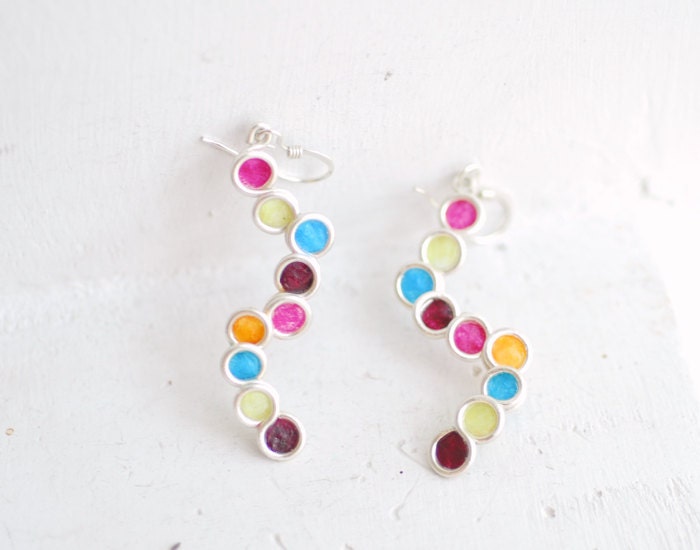 Jewel Tone Bubble Earrings, Sterling Silver, Paper Jewelry, Artisan Wearable Art...