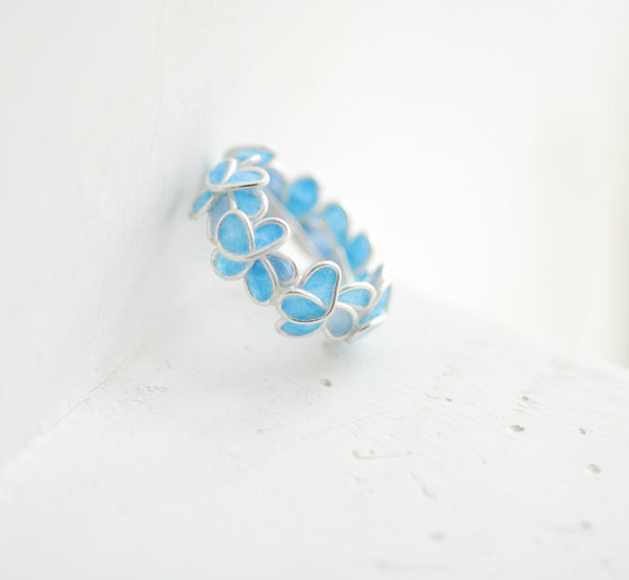 Pale Blue Forget Me Not Flower Ring, Wedding Anniversary Sterling Silver Artisan Eco Friendly Paper Jewelry...