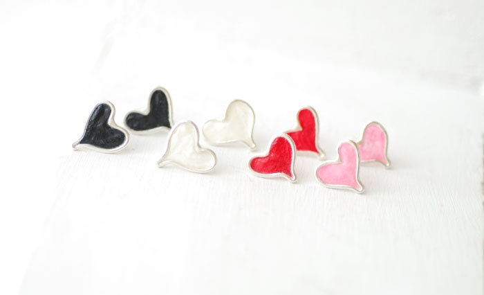 Black Heart Stud Post Earrings, Sterling Silver Artisan Jewelry...