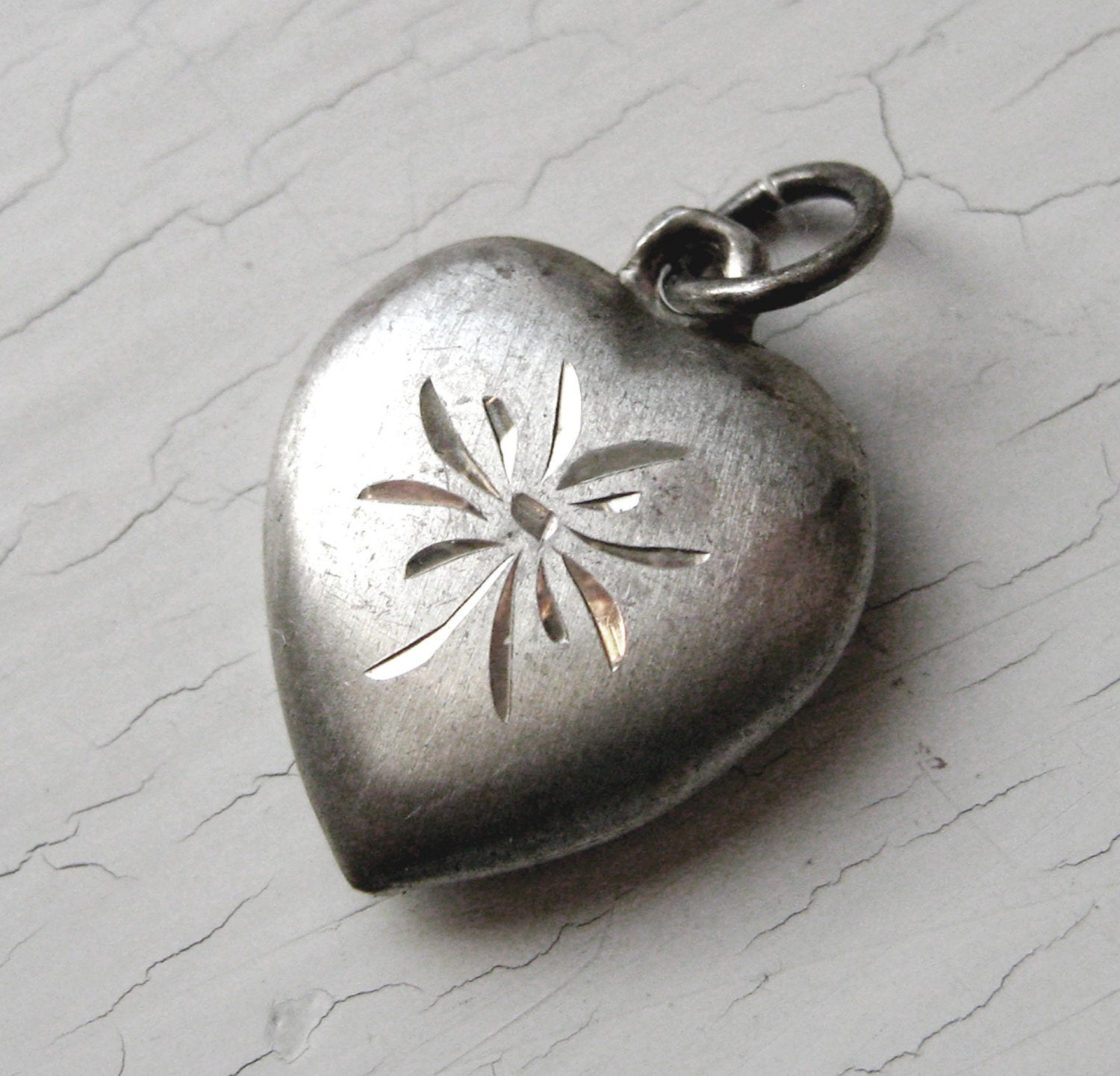Vintage 30's Sterling Silver Etched Puffy Heart Charm