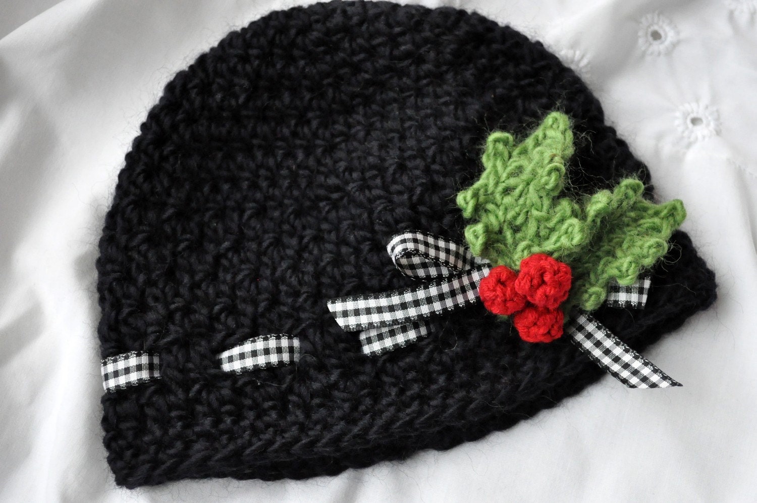 Ribbon Baby Cap Crochet PATTERN with Holly Berries and Leaves