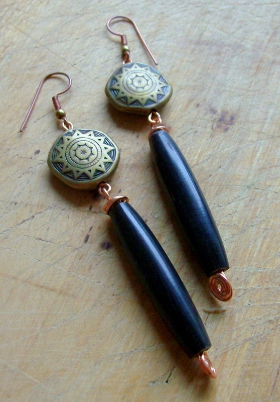 Tribal Sun Brass Mandala Black Horn Earrings - Native American Earrings - stoneandbone - Wire Wrapped