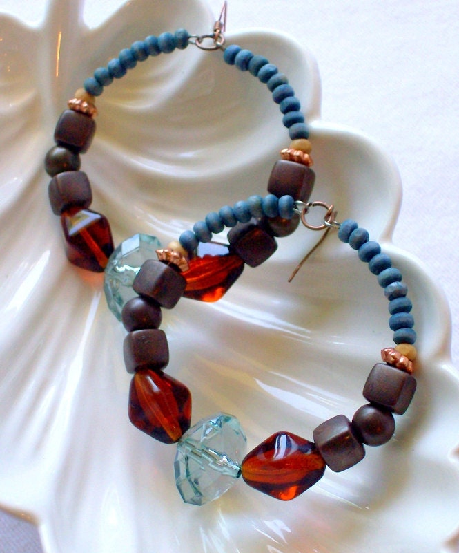 Blue and Brown Hoop Earrings Bohemian Ethnic Tribal Jewelry Wood Beaded Hawaii stoneandbone