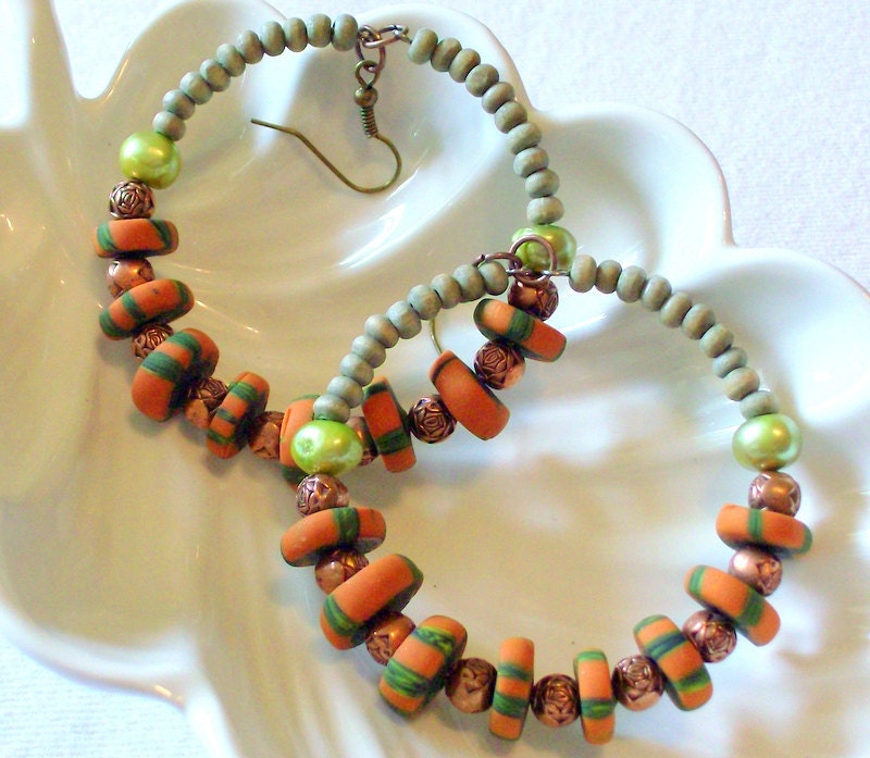 Big African Hoop Earrings - Bohemian - Rustic - Wood Pearl Clay Beaded Hoop Earrings - stoneandbone