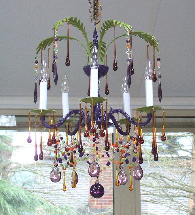 Exotic Vintage Purple and Green Palm Leaf Chandelier