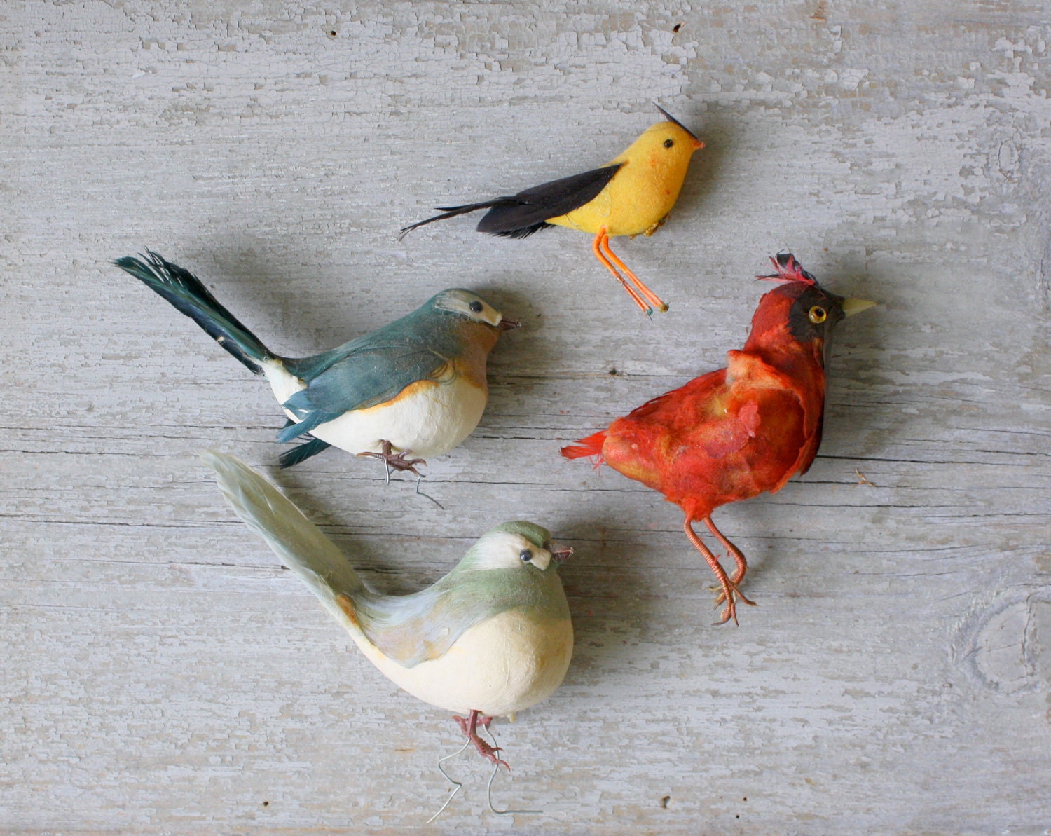 Batting and Feather Birds - Set of Five - Vintage