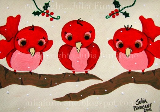 Fantasy Bird Folk Art - Holiday Print - Christmas Yule Red Home Decor Wall Hanging