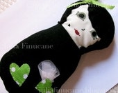 Black Rag Doll Heart - Hand Sewn Plush Toy - OOAK Art Plushie - Cute Girl Accessory