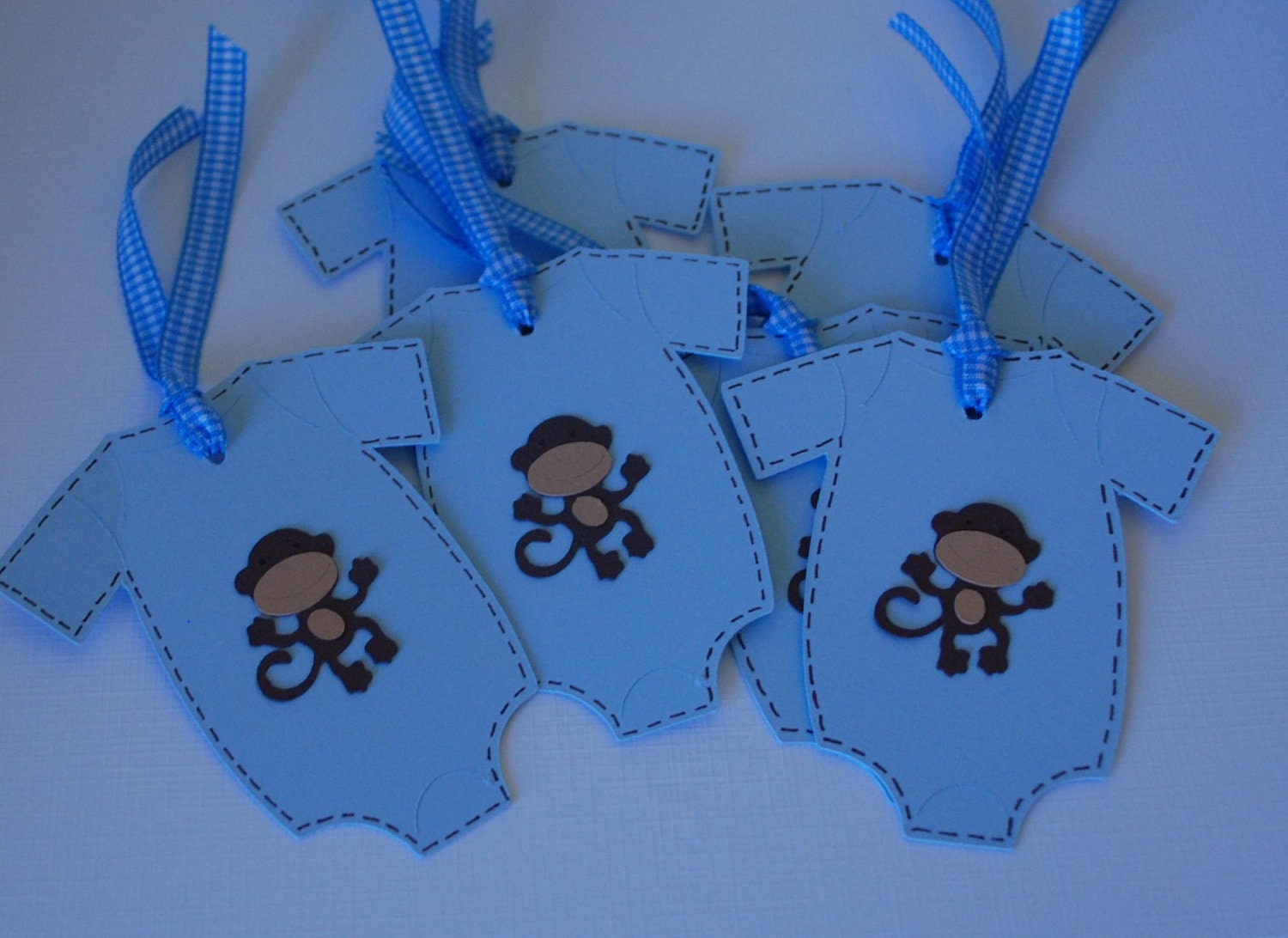 Baby shower onesie shaped gift tags brown and blue monkey (set of 6) Il_170x135