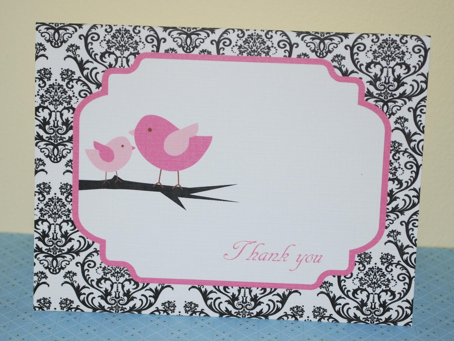 Baby thank you cards, Baby shower thank you card, damask and pink birds, baby girl (set of 10) Il_170x135
