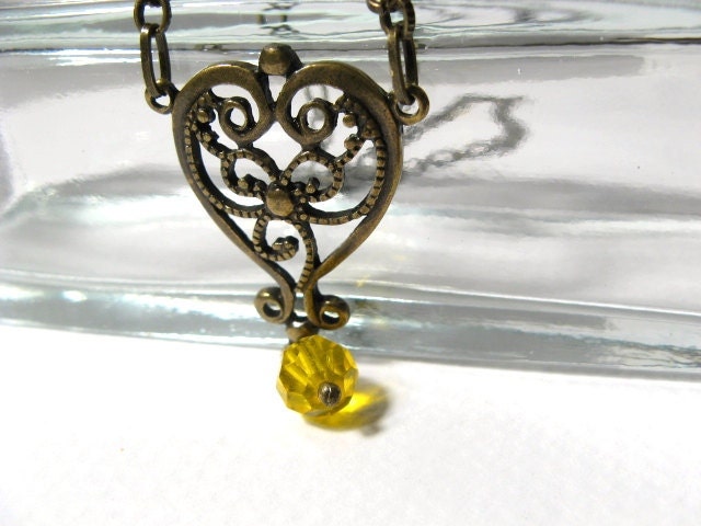 Filigree Brass Heart Pendant Necklace - Under 20 Dollars