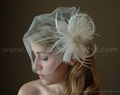 Bridal Veil With Flower, Tulle Wedge Birdcage Veil with Ostrich Tip Feather Fascinator, Wedding Head Piece, White, Ivory, Black