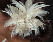 Bridal Hair, Ivory Lace and Champagne Flower Fascinator with Rhinestone Center, Bridal Birdcage Fascinator