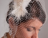Ivory Wedge Mini Style Birdcage Veil with Detachable Peacock & Ostrich Feather Headpiece-Ivory, Champagne