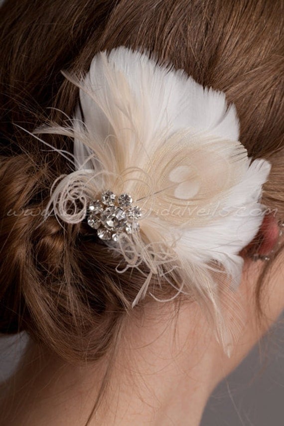 Hair Feather Fascinator, Ivory or Diamond White with Champagne Peacock Eye, Bridal Hair Birdcage Fascinator, Rhinestone Center - Justa