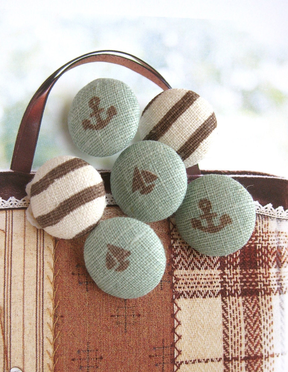Handmade Fabric Buttons - Small Green Brown Nautical Anchor Boat Stripes Handmade Fabric Buttons 0.75 Inch 6's