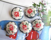 Handmade Fabric Buttons - Dark Blue Red White Rose Floral Flowers Handmade Fabric Buttons 1.1 Inch 5's