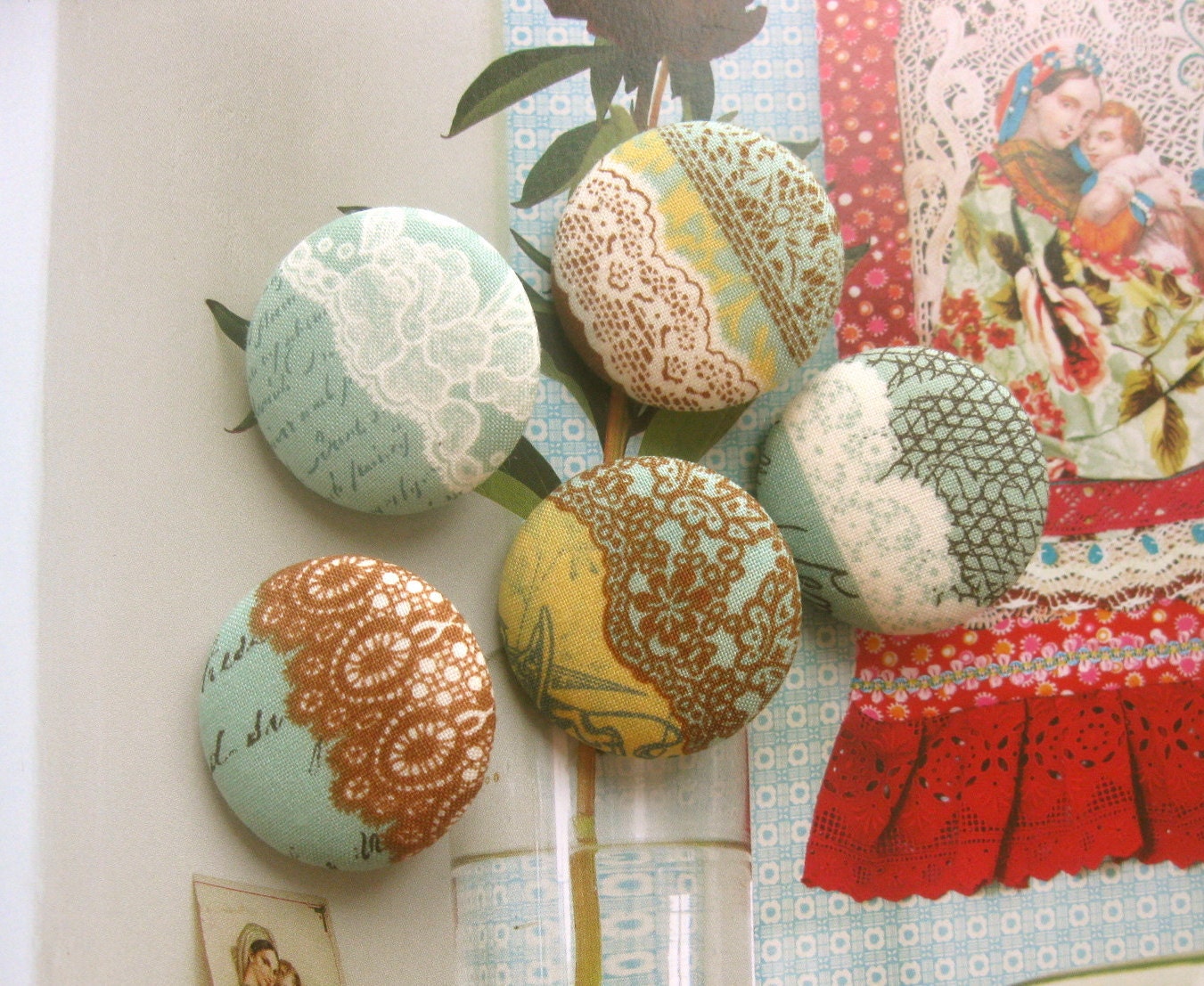 Handmade Fabric Buttons - Retro Large Green Cream Yellow Moda Curio Lace Script Handmade Cloth Fabric Buttons 1.25 Inch 5's