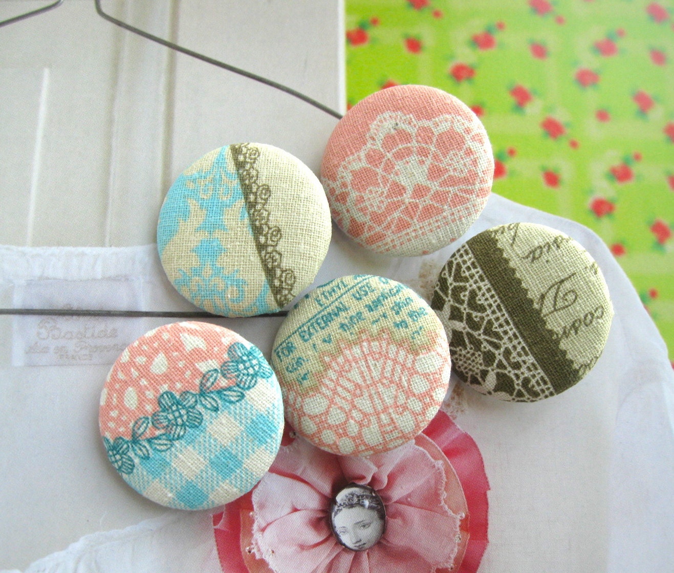 Handmade Fabric Buttons - Large Pink Blue Brown Floral Lace Handmade Fabric Buttons 1.5 Inch 5's