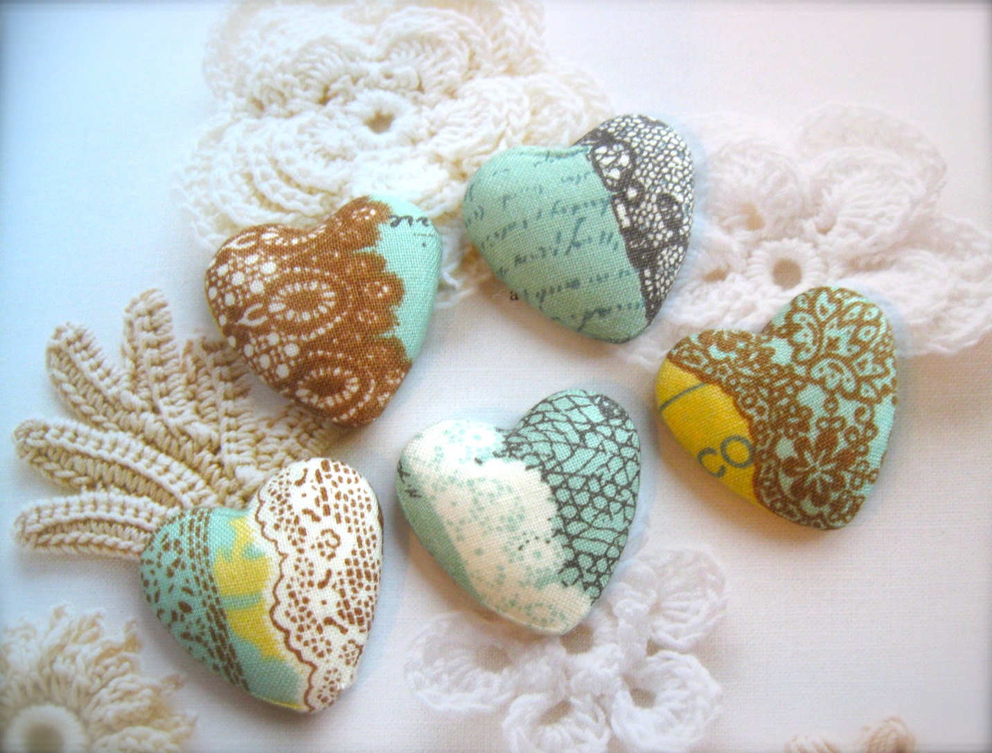 Handmade Flat Back Fabric Buttons - Retro Green White Brown Yellow Lace Floral Heart Shape Flatbacks Buttons 1.25 Inch 5's