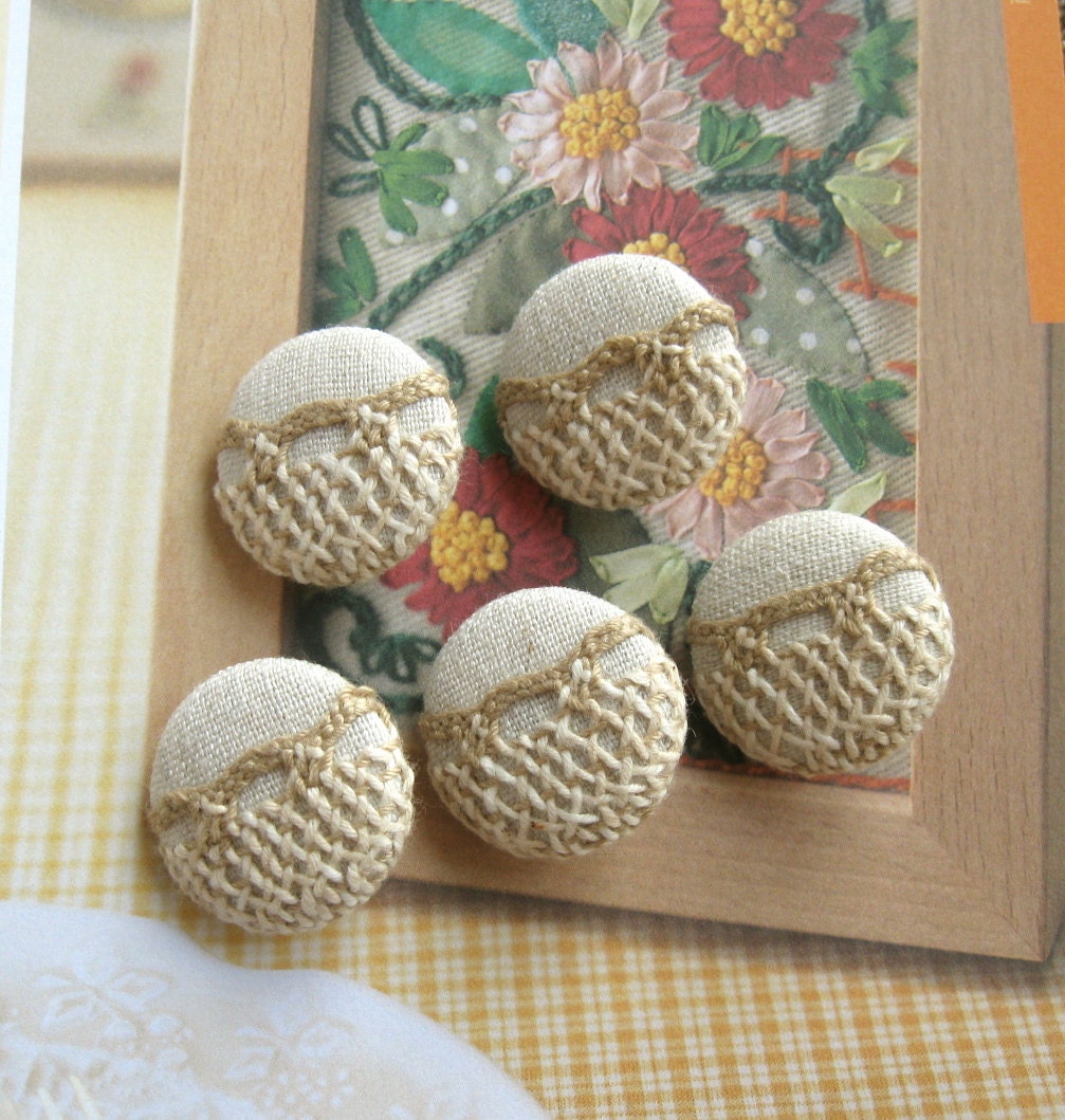 Handmade Fabric Buttons - Beige Cream Crochet Floral Lace Handmade Fabric Buttons 1 Inch 5's