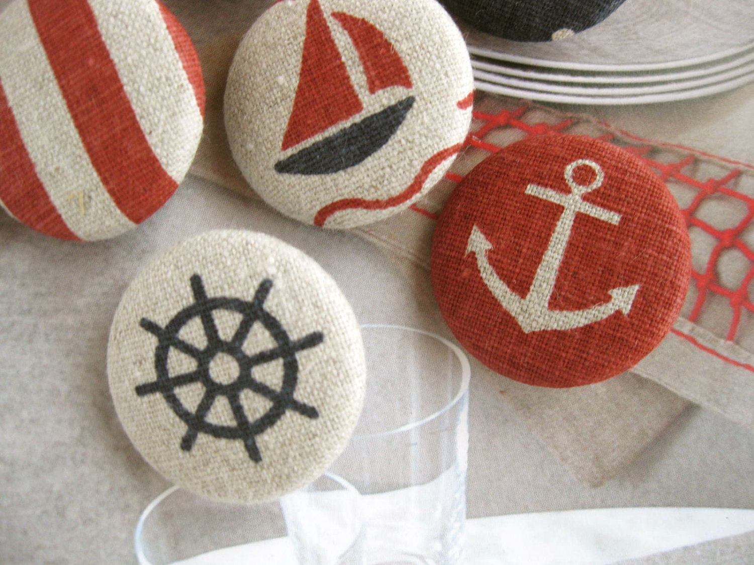 Handmade Fabric Buttons - Large Beige Red Dark Blue Anchor Nautical Marine Stripes Polka Dots Ship Handmade Fabric Buttons 1.25 Inch 6's